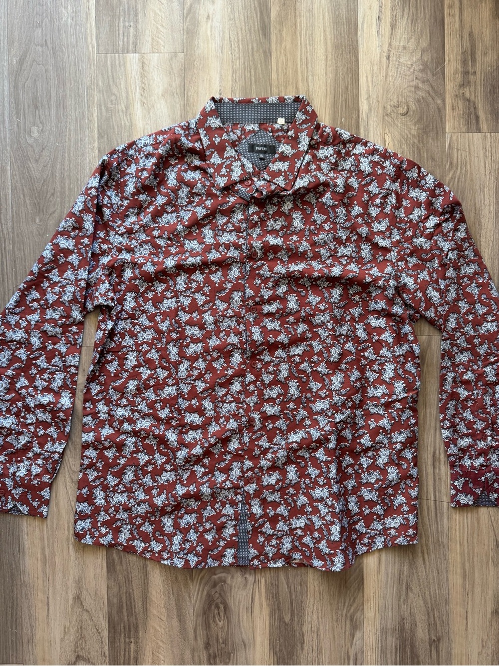 Pavini Floral Print Button Down Shirt Men's XL Burgundy Red Contrast Collar